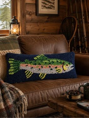 Peking Handicraft Blown Filled Hook Throw Pillow, 12” Wool, Cotton (Trout) NWT